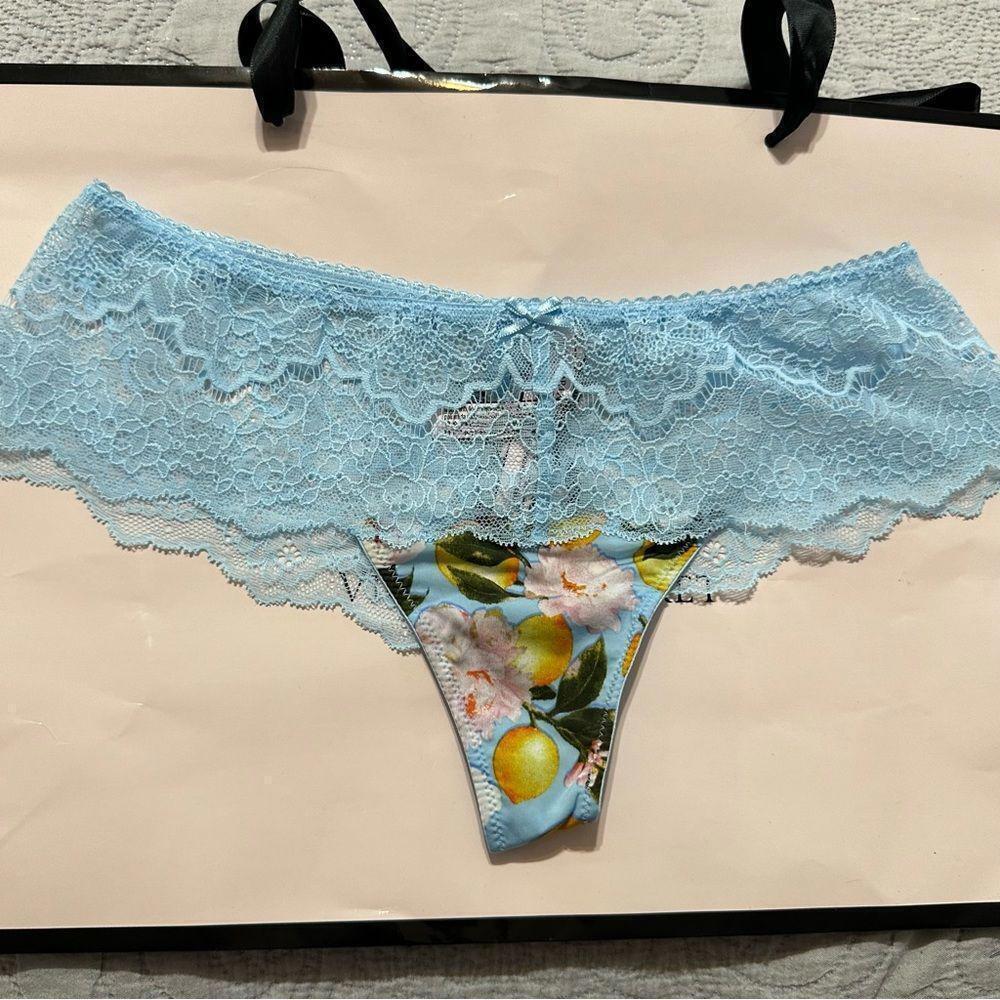Victoria Secret Floral Lace Waist Hipster Thong Panty Blue Lemon